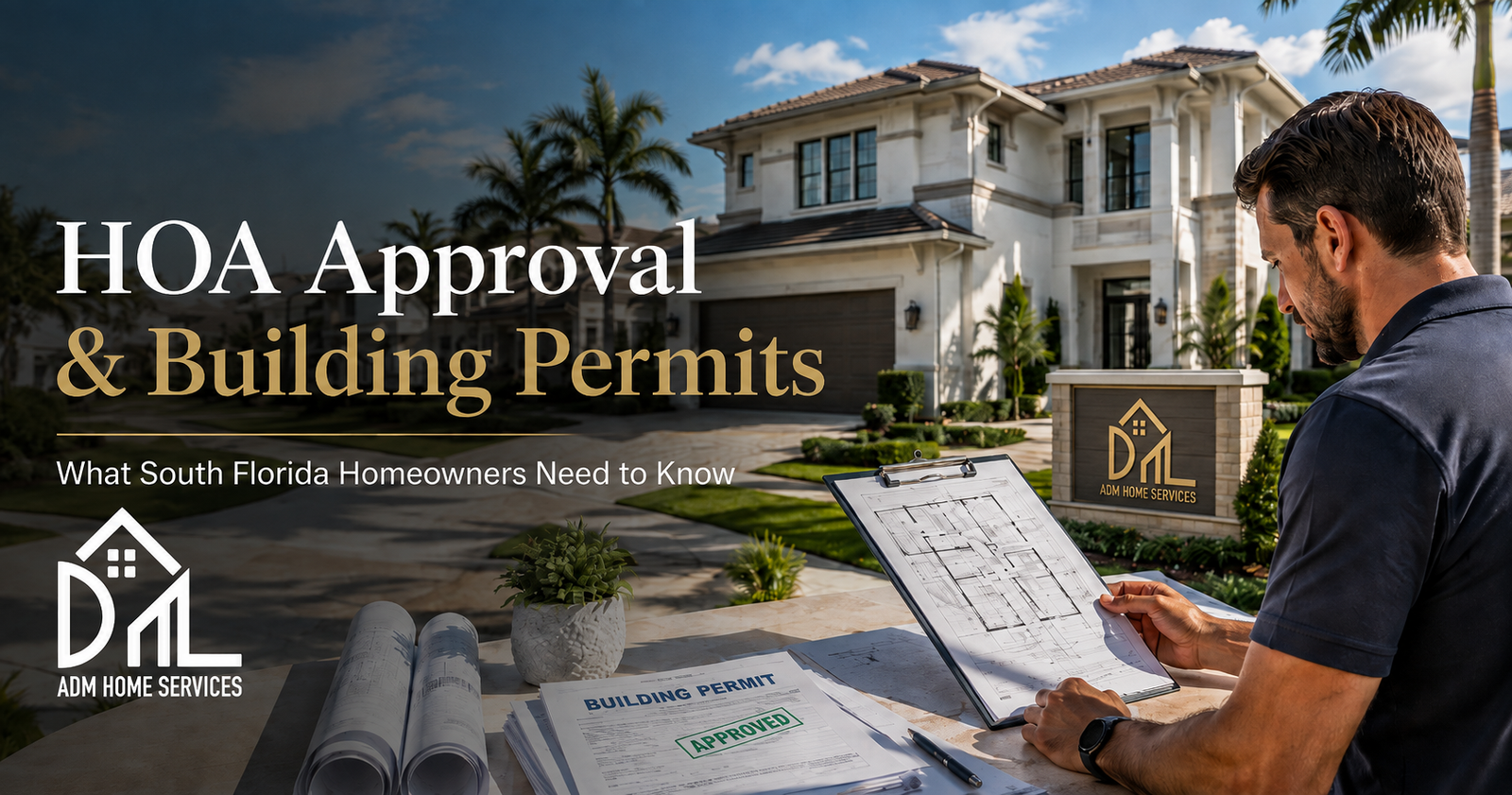 HOA approval and building permit process in South Florida with ADM Home Services contractor reviewing residential plans.