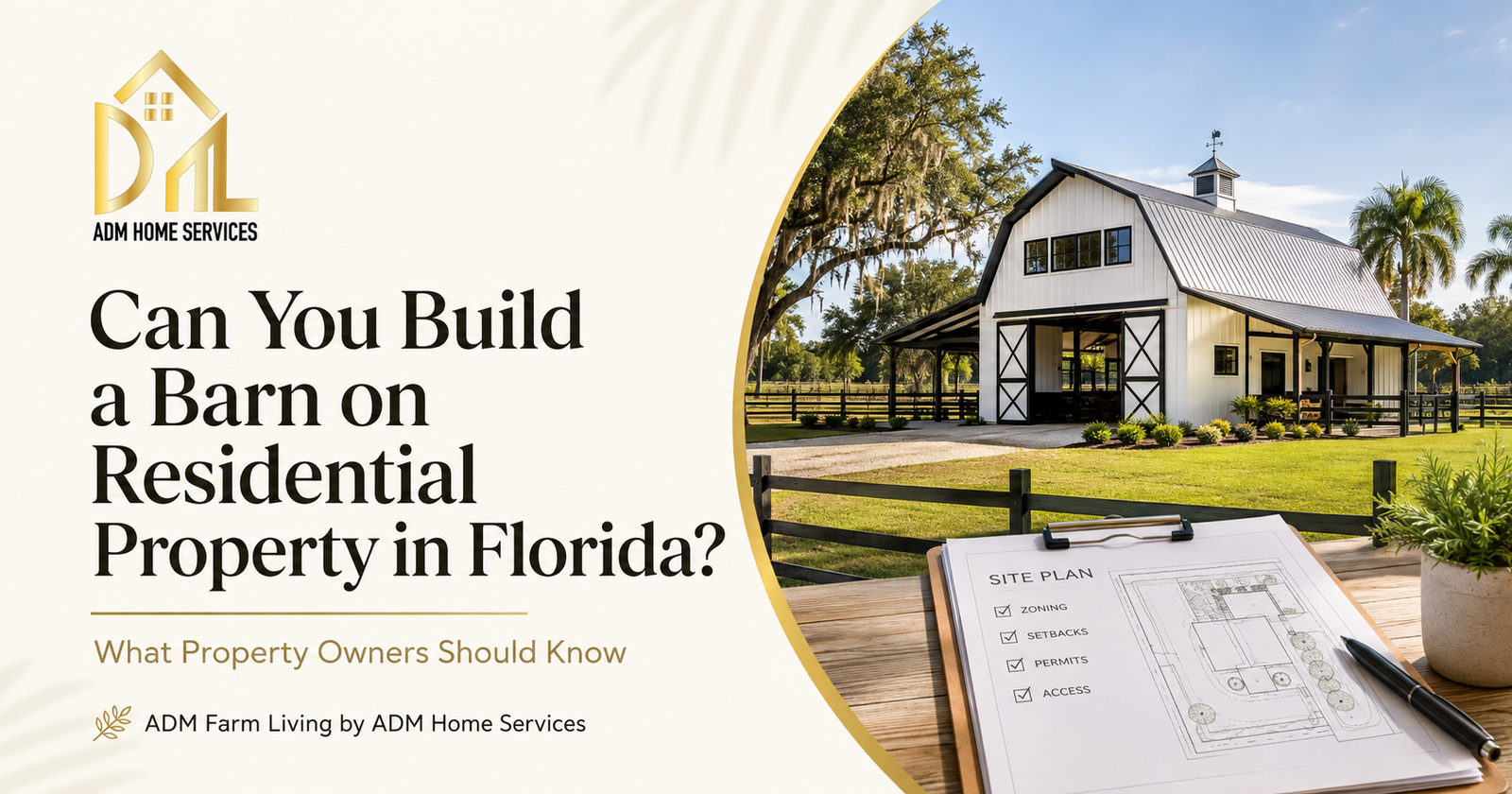 Modern barn on a South Florida residential property with site plan, zoning, setbacks and permit checklist by ADM Farm Living, a service of ADM Home Services.