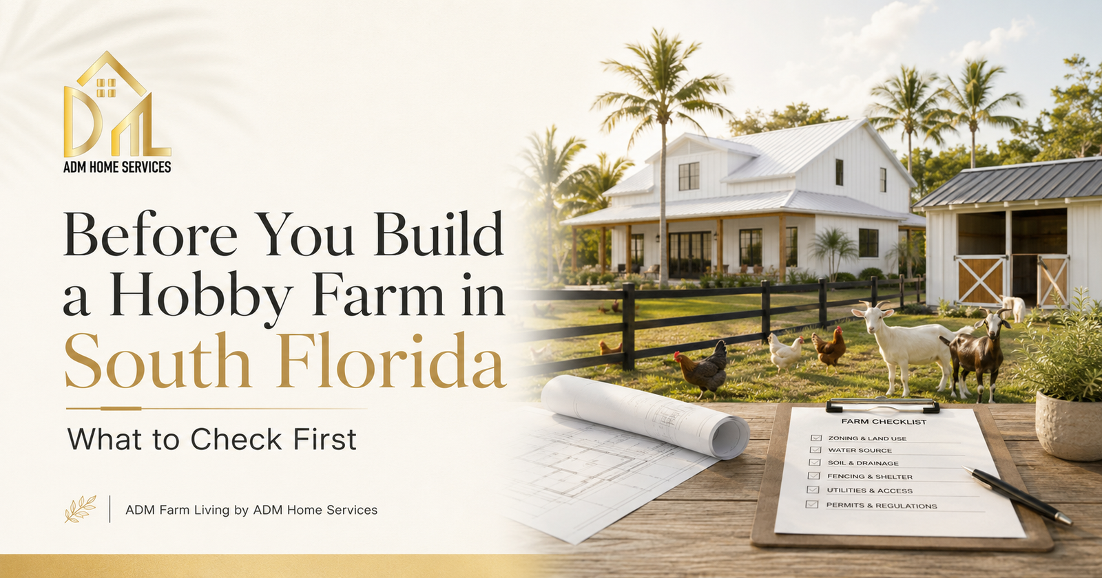 Hobby farm planning in South Florida with farmhouse, barn, goats, chickens, fencing, blueprint and farm checklist by ADM Farm Living, a service of ADM Home Services.