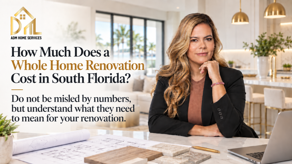 Whole home renovation cost guide for South Florida, with the ADM Home Services logo and a woman seated beside architectural plans and material samples.