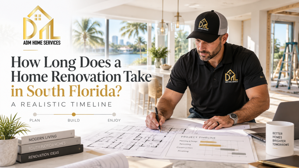 ADM Home Services contractor reviewing renovation plans and a project timeline for a South Florida home remodel.