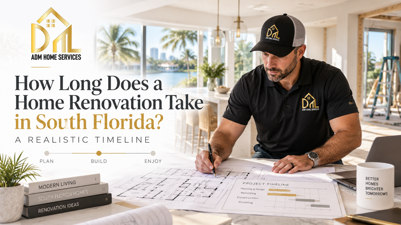 ADM Home Services contractor reviewing renovation plans and a project timeline for a South Florida home remodel.