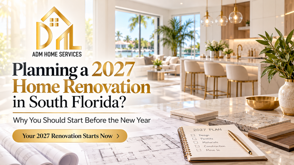ADM Home Services planning a 2027 South Florida home renovation with architectural plans, material samples, and a modern residential interior.